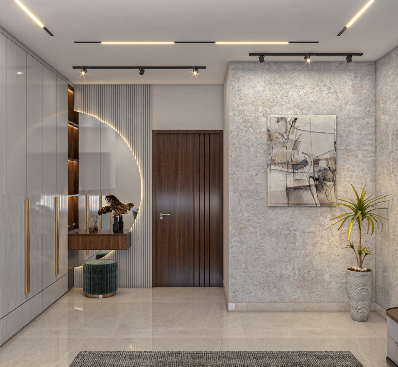 Modern Foyer with Circular Mirror