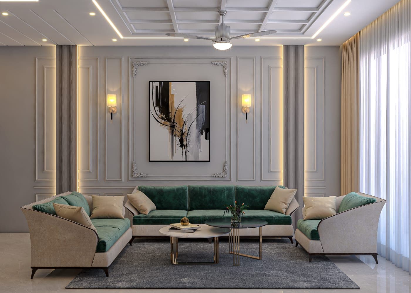 Elegant Living Room with Moulded Walls